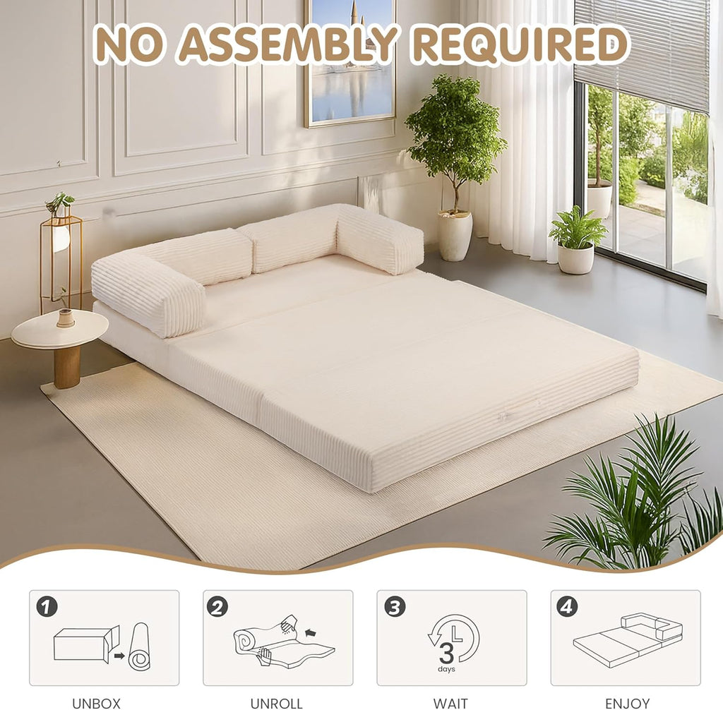 5-in-1 Convertible Sofa Bed,60' Boneless Couch Tri Folding Floor Mattress with Removable L-Shaped Armrests & Handle,Corduroy Futon Couch Sleeper with Pull Out Bed for Living Room Bedroom Apartment