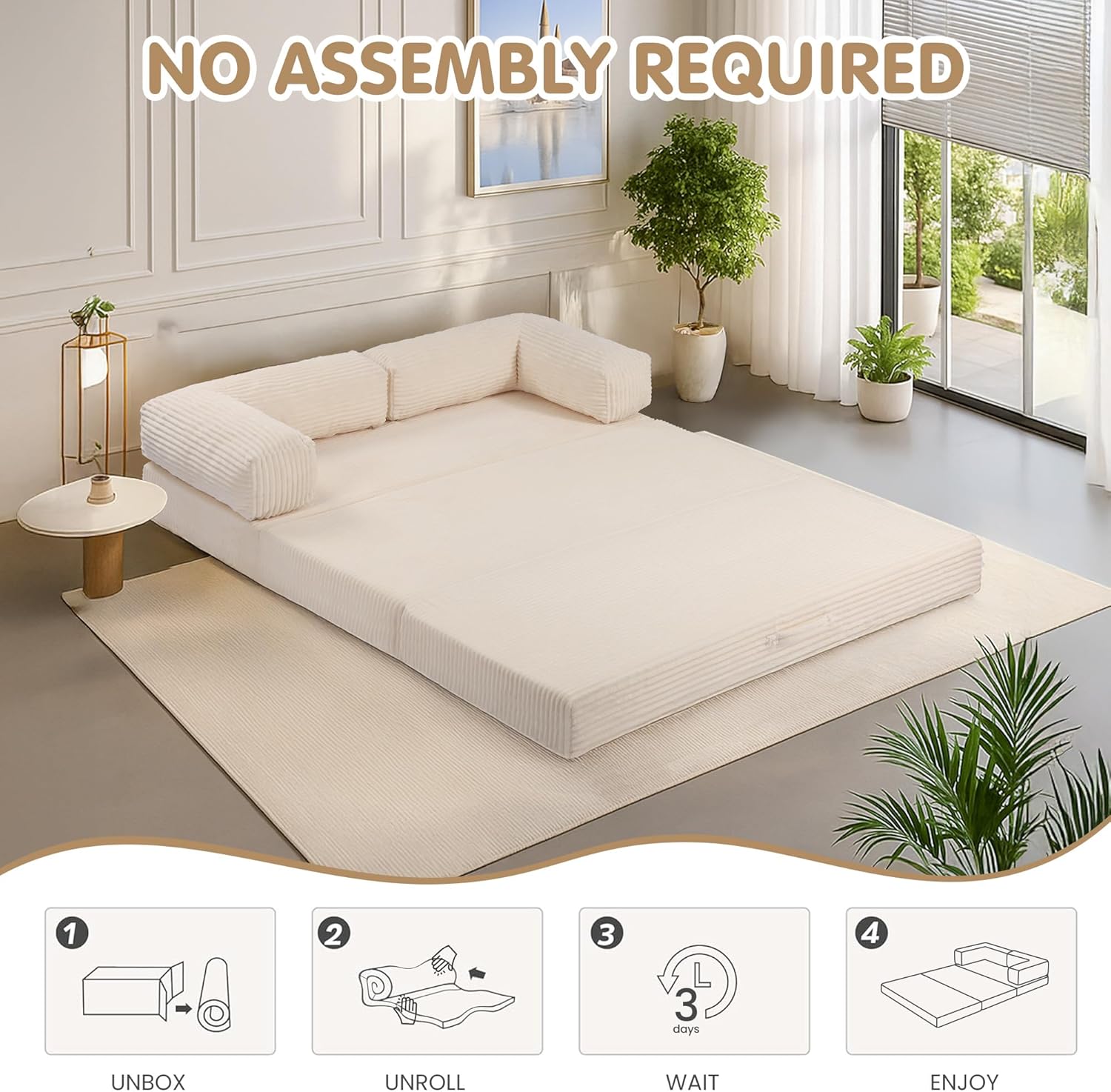 5-in-1 Convertible Sofa Bed,60' Boneless Couch Tri Folding Floor Mattress with Removable L-Shaped Armrests & Handle,Corduroy Futon Couch Sleeper with Pull Out Bed for Living Room Bedroom Apartment