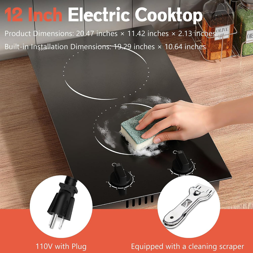 Hobsir 2 Burner Electric Cooktop 110v, Plug in Electric Stove Top, 2000W Electrical Stove Top Burner, 12 Inch Countertop & Built-in Ceramic Cooktop, Knob Control, 9 Power Level
