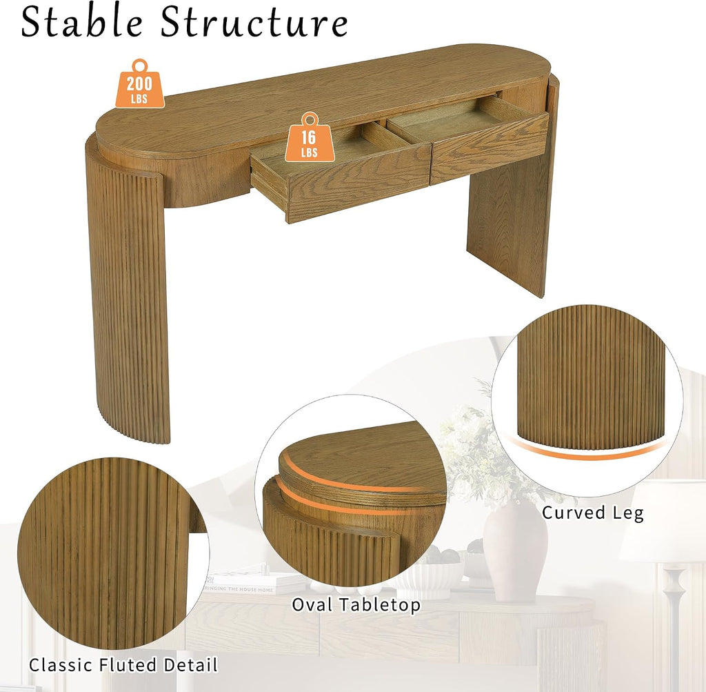 LKTART 55' Sofa Table with Oval Top and 2 Drawers, Entryway Console Table with Fluted Design for Hallway,Foyer,Entry and Living Room (Fully Assembled-Pine Wood)