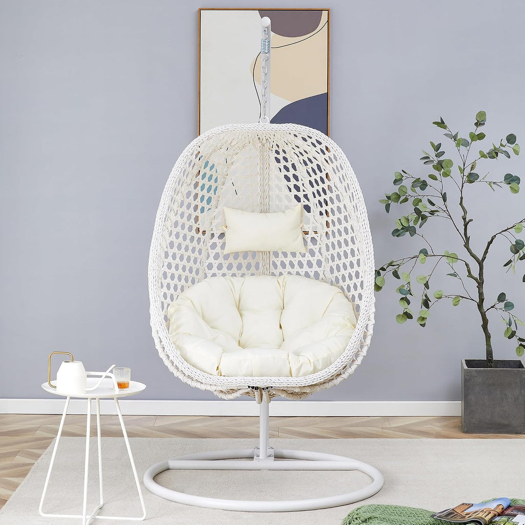Egg Chair Indoor Outdoor - Hanging Swing Chair for Bedroom, Patio, Balcony & Backyard - Heavy Duty 350LBS - White