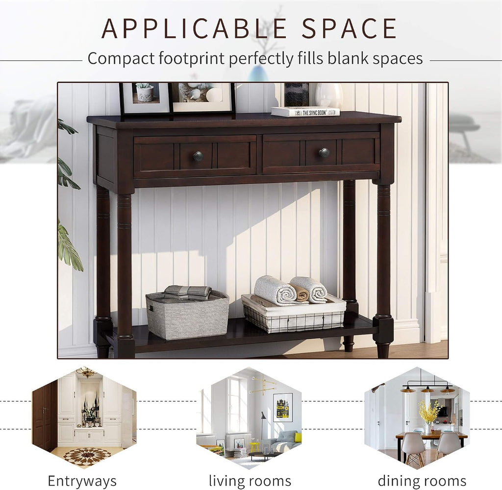 Bellemave Console Table with Drawers, Retro Entryway Table with 2 Drawers and Open Storage Shelf, Narrow Long Sofa Table, Behind Couch Table for Living Room, Foyer and Hallway,Espresso