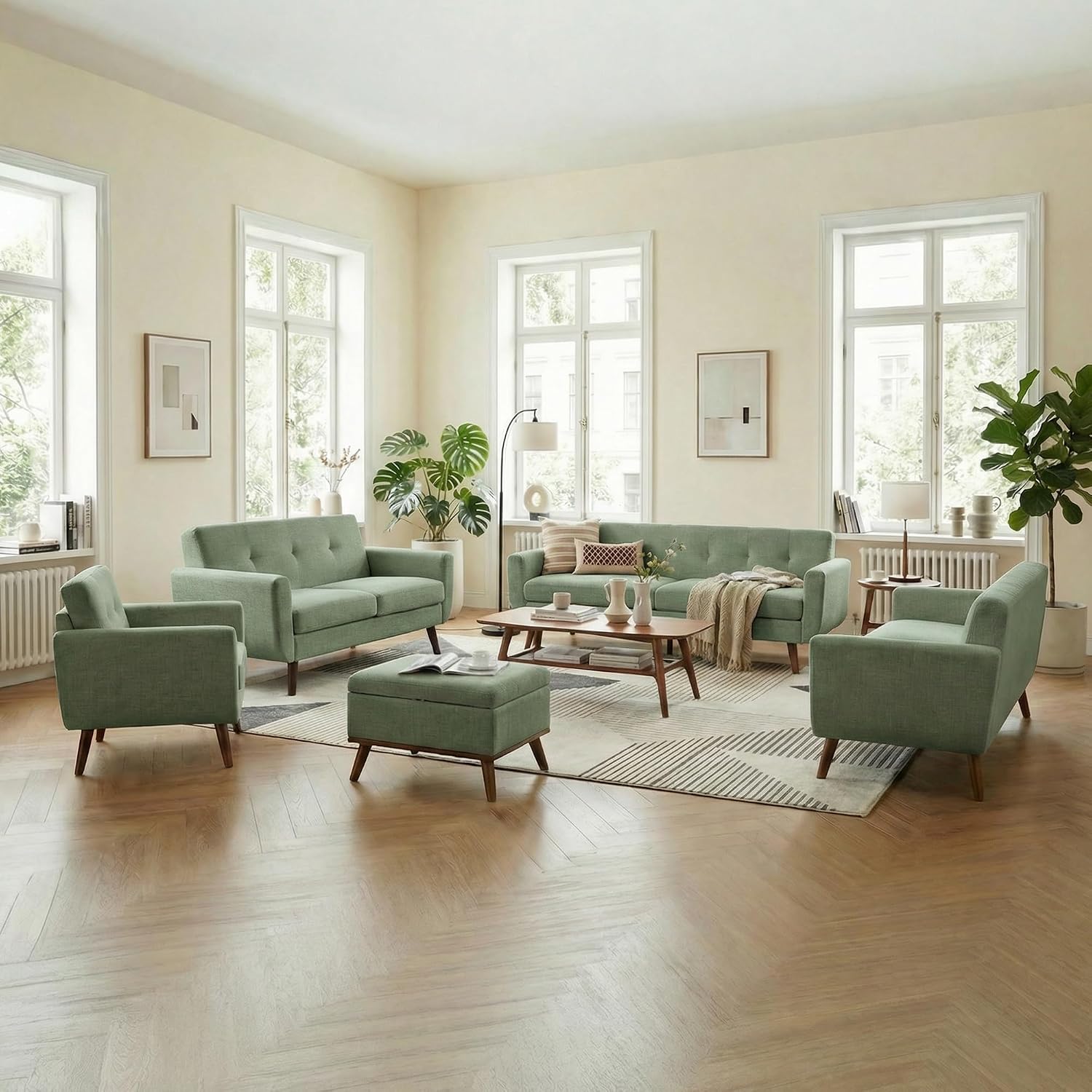 Tbfit 56' W Loveseat Sofa, Mid Century Modern Decor Love Seat Couches for Living Room, Button Tufted Upholstered Small Couch for Bedroom, Solid and Easy to Install Love Seats Furniture, Green