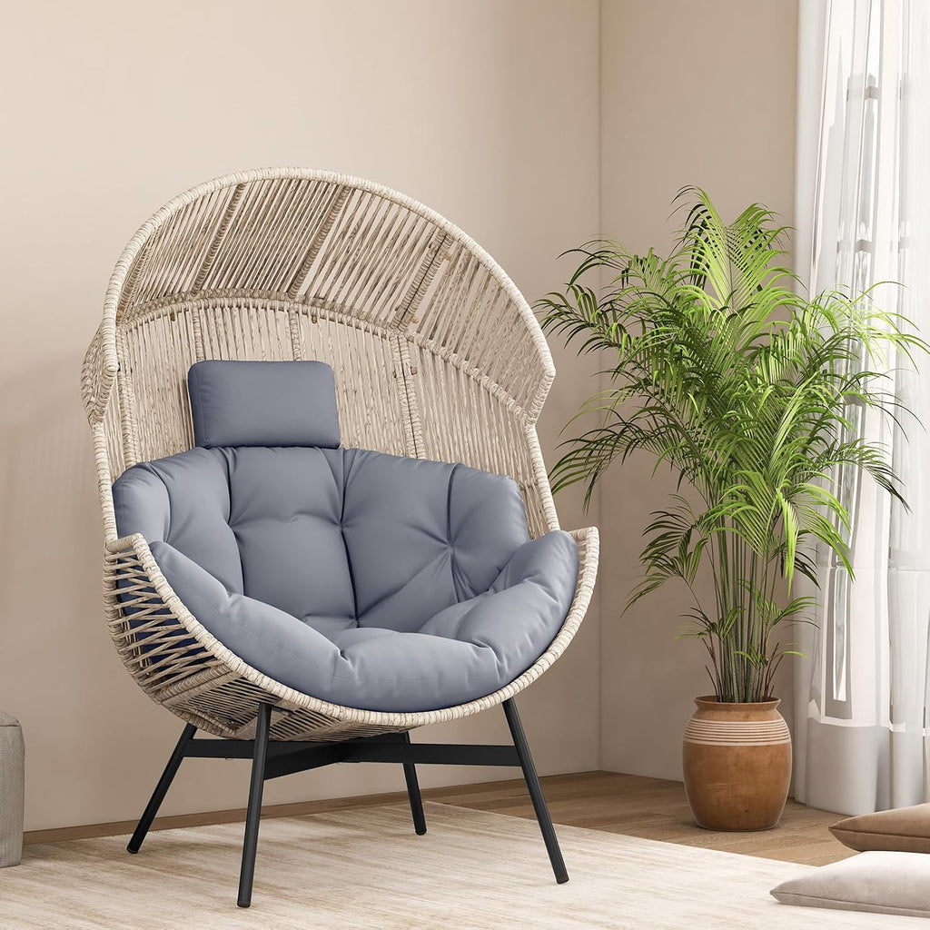 Tangkula Oversized Egg Style Chair, Wicker Stationary Patio Egg Chair w/Cushions & Headrest, Heavy-Duty Metal Frame, Patio Lounge Basket Sofa Chair for Yard, Porch, Living Room