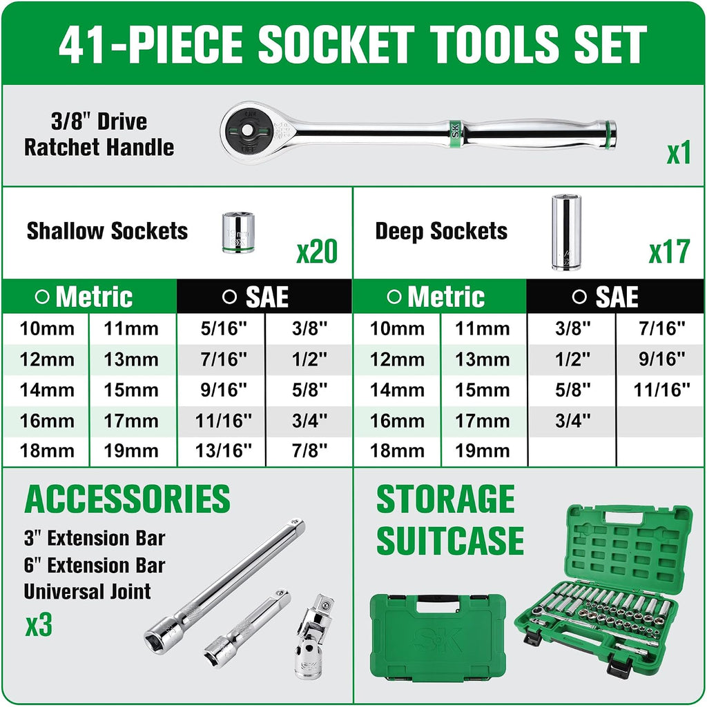 SK 3/8' Drive Socket Set with 216-P Quick-Release Ratchet, 41-Piece, SAE & Metric, SuperKrome Finish, Premium CR-V Construction, with Storage Suitcase