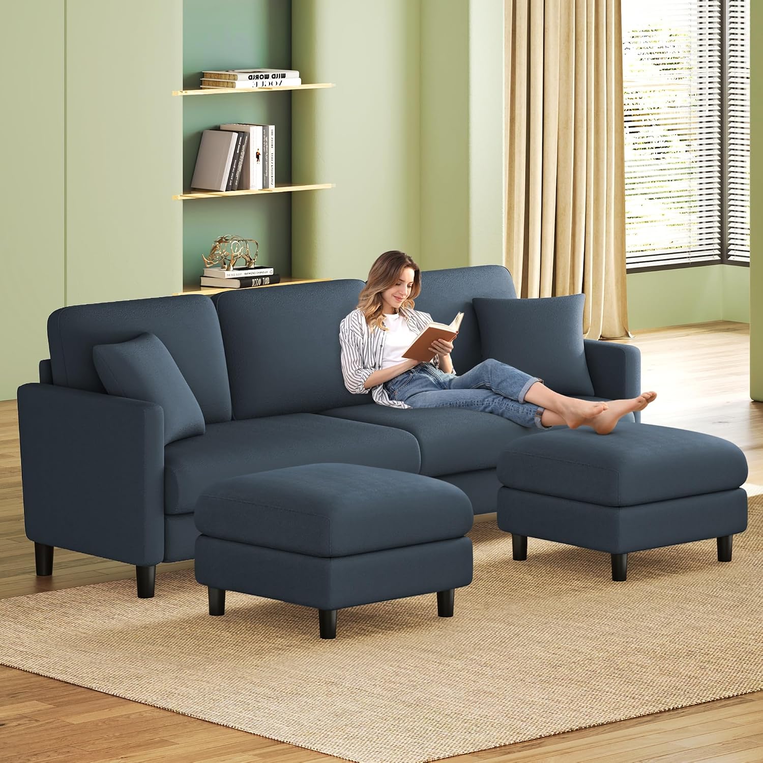 Welzona 83' Couches for Living Room, Teddy Sofa Couch with Storage Ottomans, U Shaped Couch with Movable Ottomans, Tool-Free Modular Sectional Sofa, All-Wood Sofas for Living Room 2 Pillows, Blue Grey