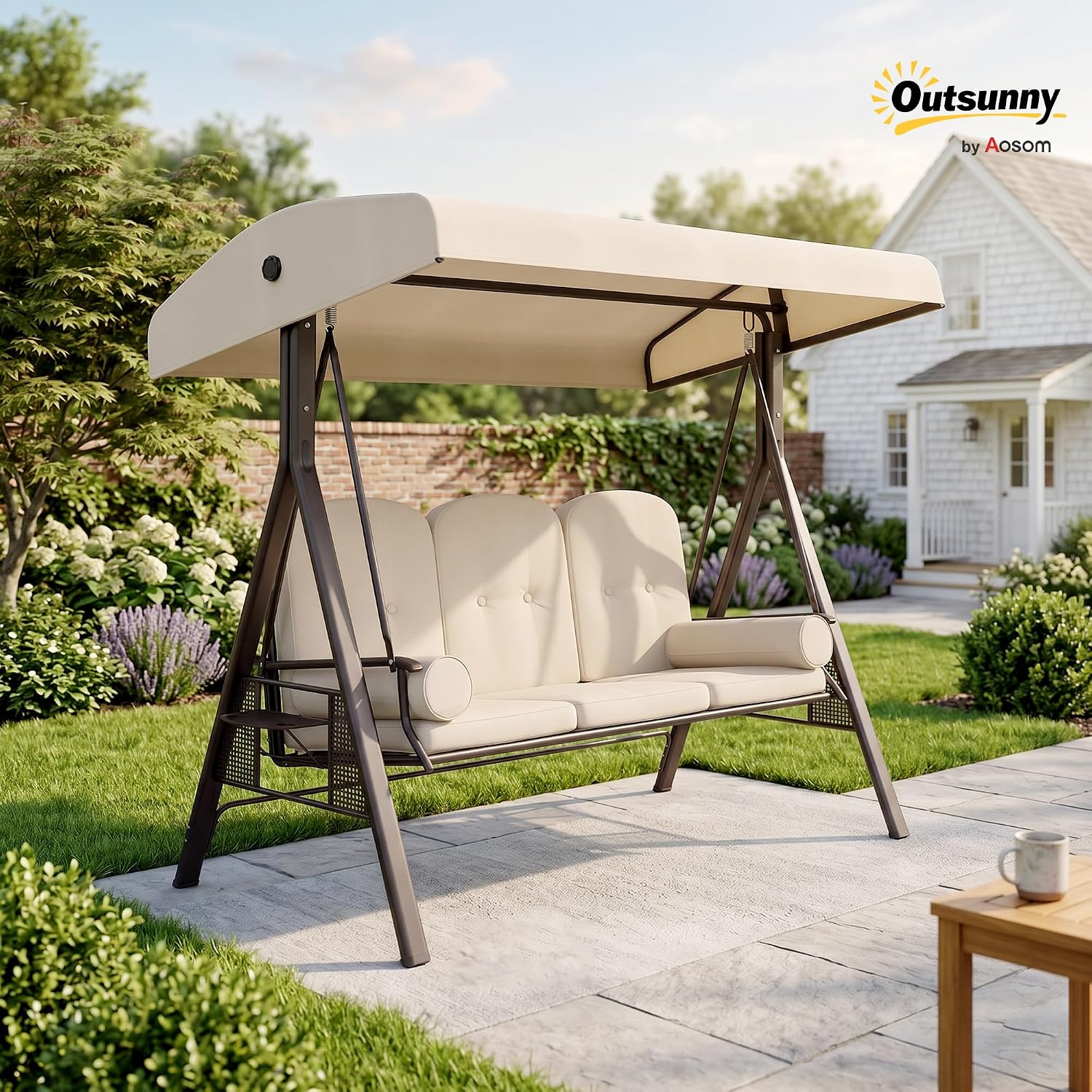 Outsunny 3-Seat Patio Swing Chair, Outdoor Porch Swing Glider with Adjustable Canopy, Removable Cushion, Pillows and Side Trays, for Garden, Poolside, Backyard, Beige