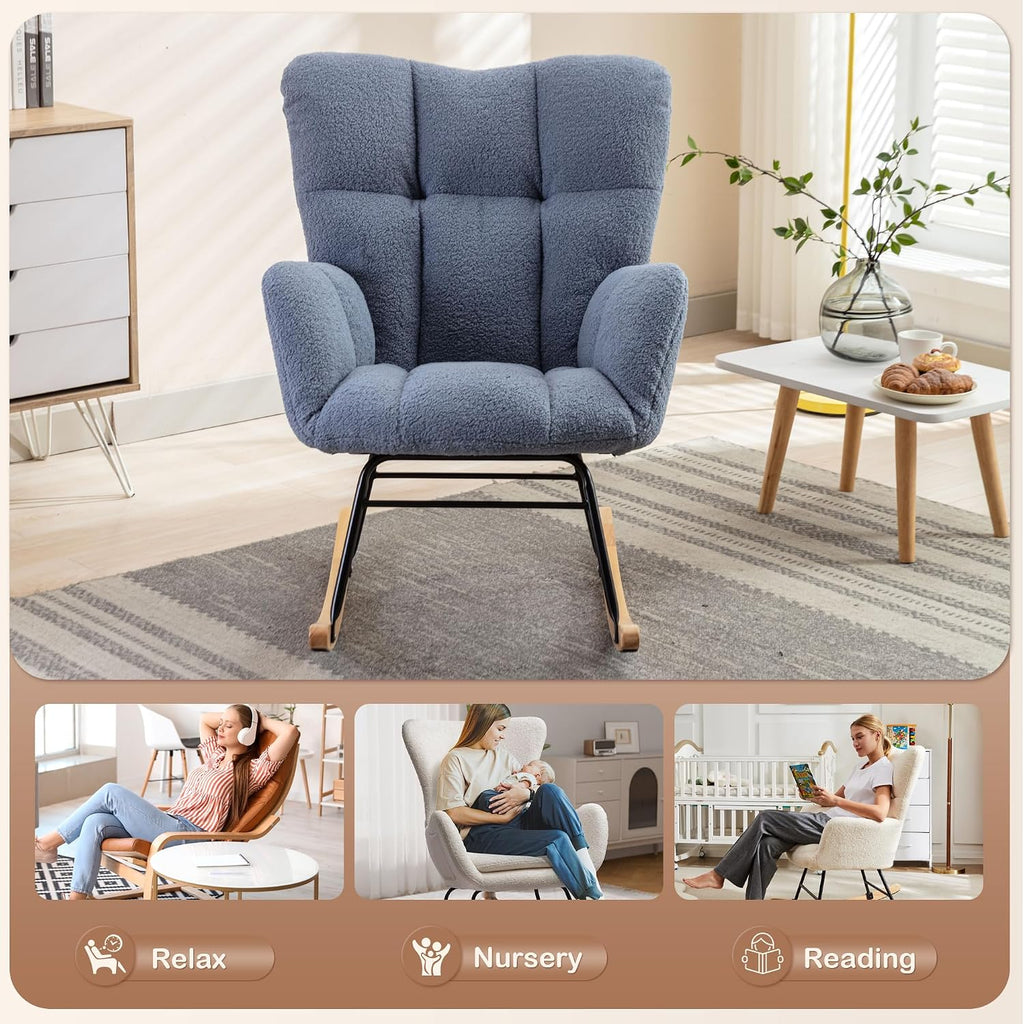 Setawix Teddy Rocking Chair with High Back,Leisure Rocking Armchair for Nursery,Mid Century Modern Rocker Glider Arm Chair for Living Room,Tufted with Solid Wood Legs (Light Blue, 27.6')