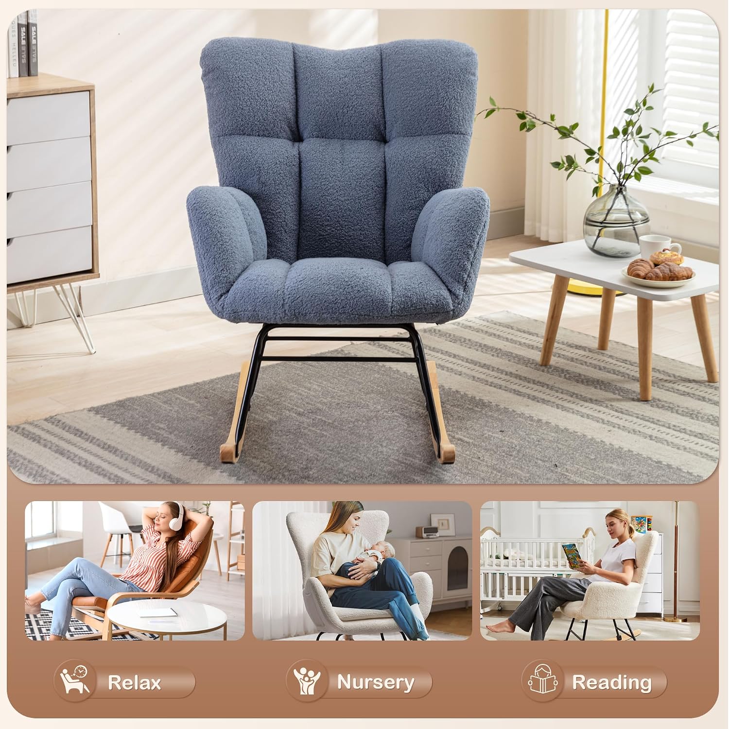 Setawix Teddy Rocking Chair with High Back,Leisure Rocking Armchair for Nursery,Mid Century Modern Rocker Glider Arm Chair for Living Room,Tufted with Solid Wood Legs (Light Blue, 27.6')