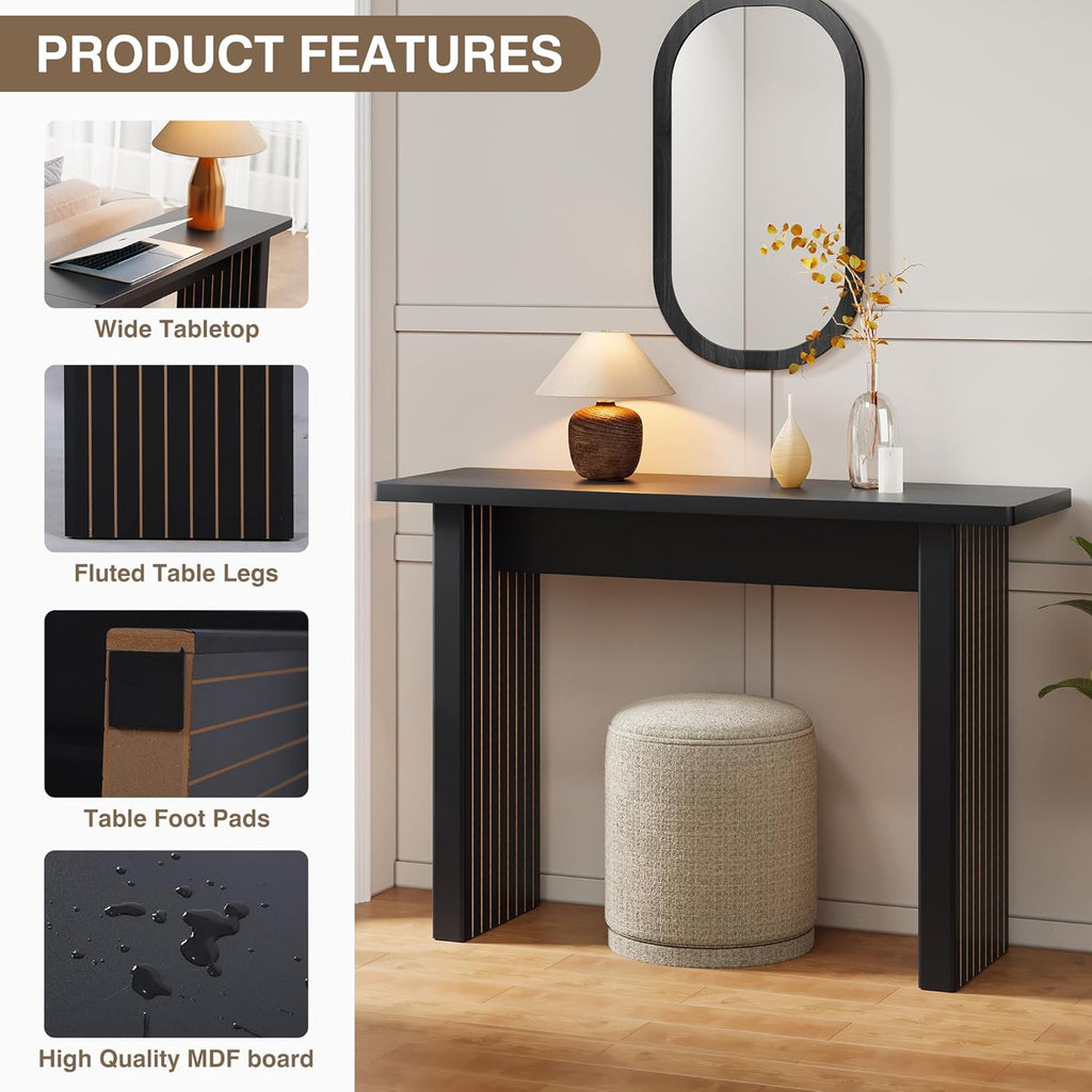 AVZEAR Mid Century Narrow Entryway Console Table, 43.3' Fluted Wood Couch Table Behind Sofa Long and Skinny for Living Room Hallway Entrance Foyer, Black