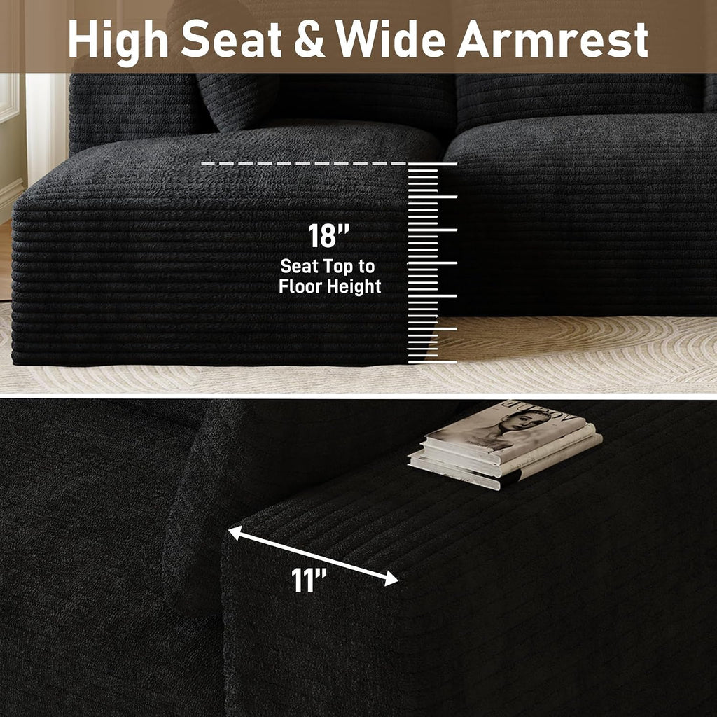107' L-Shaped Boneless Sectional Couches for Living Room, Comfy Corduroy Fluffy Cloud Couch, Deep Seat Memory Foam Plush Modular Sectional Sofa with Left-Facing Chaise, No Assembly, Black