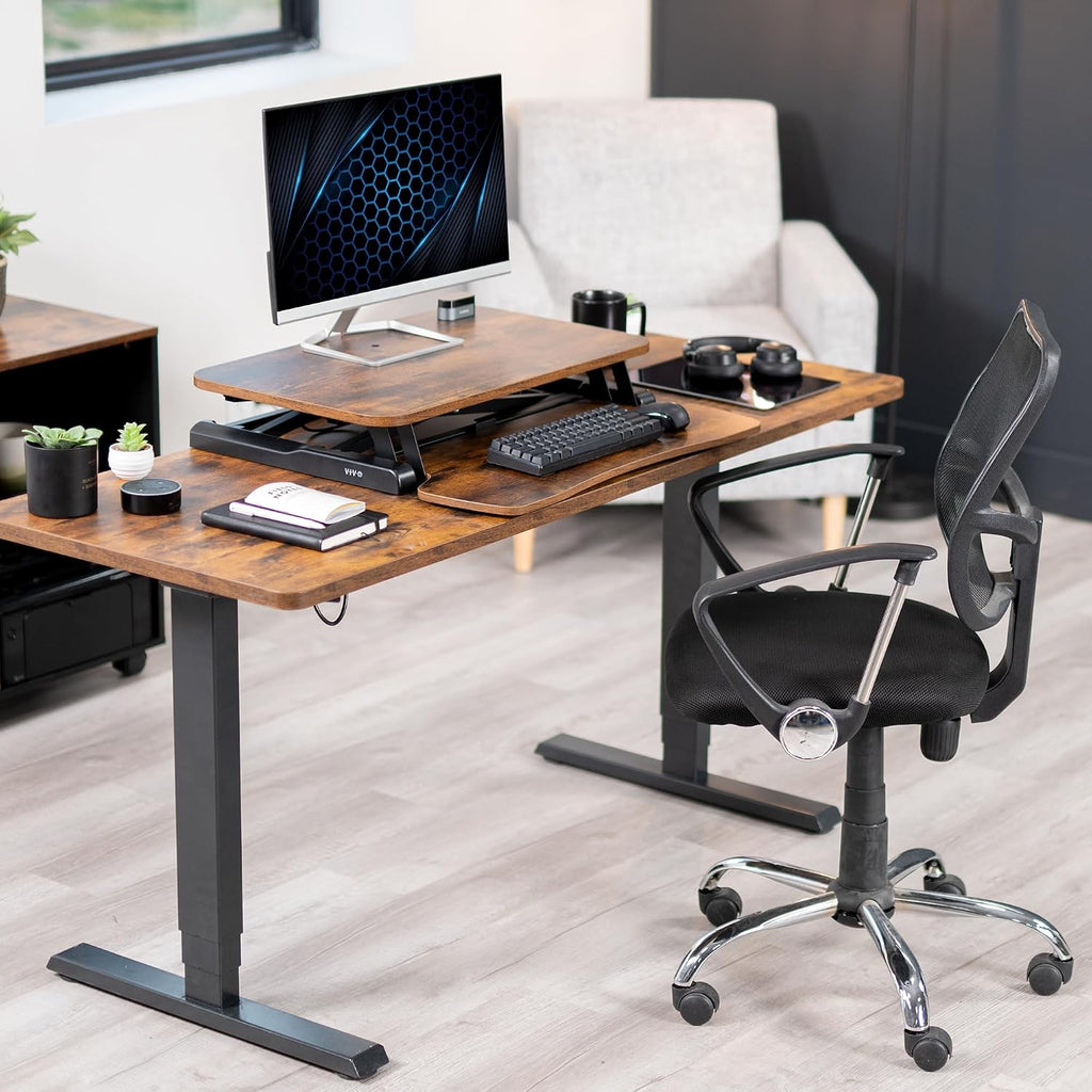 VIVO 26 inch Desk Converter, K Series, Height Adjustable Sit to Stand Riser, Dual Monitor and Laptop Workstation with Keyboard Tray, Rustic Vintage Brown Top, Black Frame, DESK-V026KN