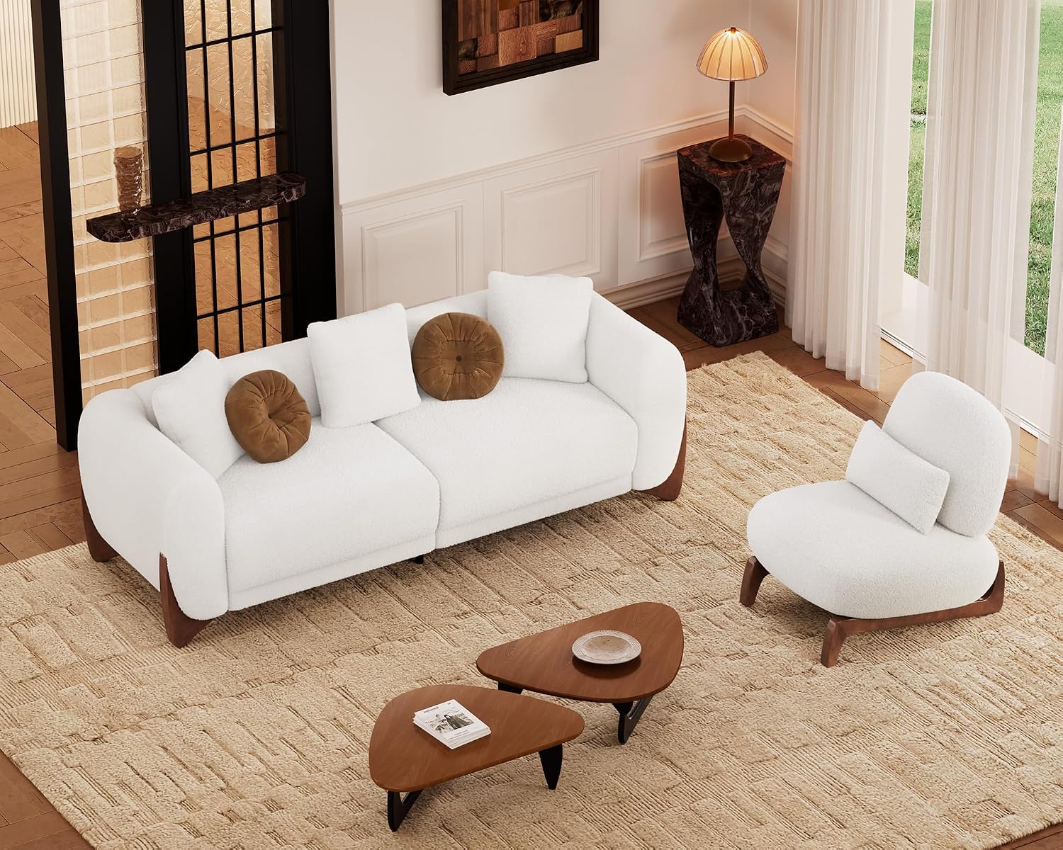 Morden Fort 2 Piece Cloud Couch Set, Modern Sherpa Boucle Sofa Set with Wood Legs, Skin-Friendly Minimalist Upholstered Comfy Couch Sofas for Living Room, 3-Seater Sofa & Tilt Back Chair, Off White