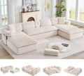Oversized Cloud Boneless Couch with Chaise, 149' Modern U Shape Modular Deep Seat Sectional Sofa, Comfy Corduroy Upholstered Couches for Living Room, No Assembly Required, Beige White