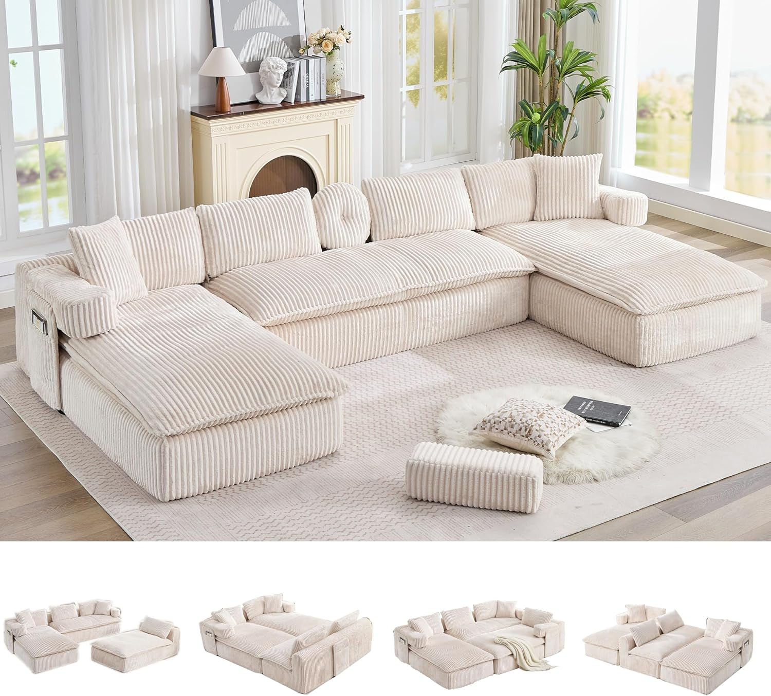 Oversized Cloud Boneless Couch with Chaise, 149' Modern U Shape Modular Deep Seat Sectional Sofa, Comfy Corduroy Upholstered Couches for Living Room, No Assembly Required, Beige White