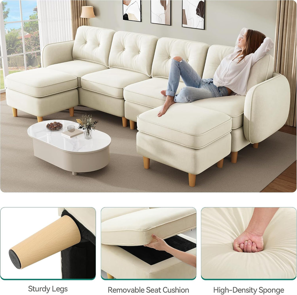 DWVO 107'' Modular Sectional Sofa, 6-Seater Sectional Couch with Curved Armrests and 4 Pillows, Convertible U Shaped Couch with High-Density Memory Foam for Living Room, Beige