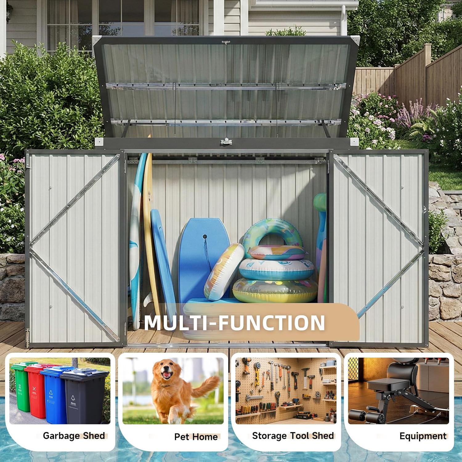 Outdoor Trash Can Storage Shed - Metal Waterproof Outdoor Garbage Can Organizer with Chain Lid, Ideal for Trash Bins, Toys, Garden Tools for Garden/Backyard/Patio