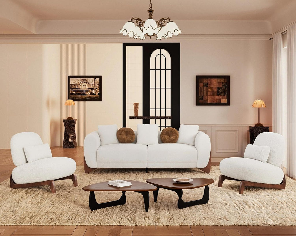 Morden Fort Modern Boucle Armless Accent Chair, Tilted Wood Legs, Thick Cushion, Lumbar Pillow, Off White, Living Room