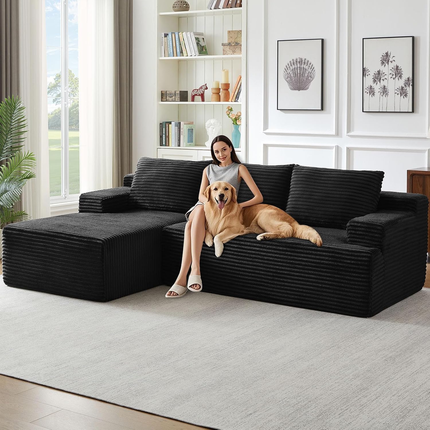 96' Cloud Sectional Couch with L-Shape Chaise, Modern Corduroy Boneless Couch for Living Room,Memory Foam Sofa with Deep Seat,No Assembly Required (Black,Left-Facing Chaise)