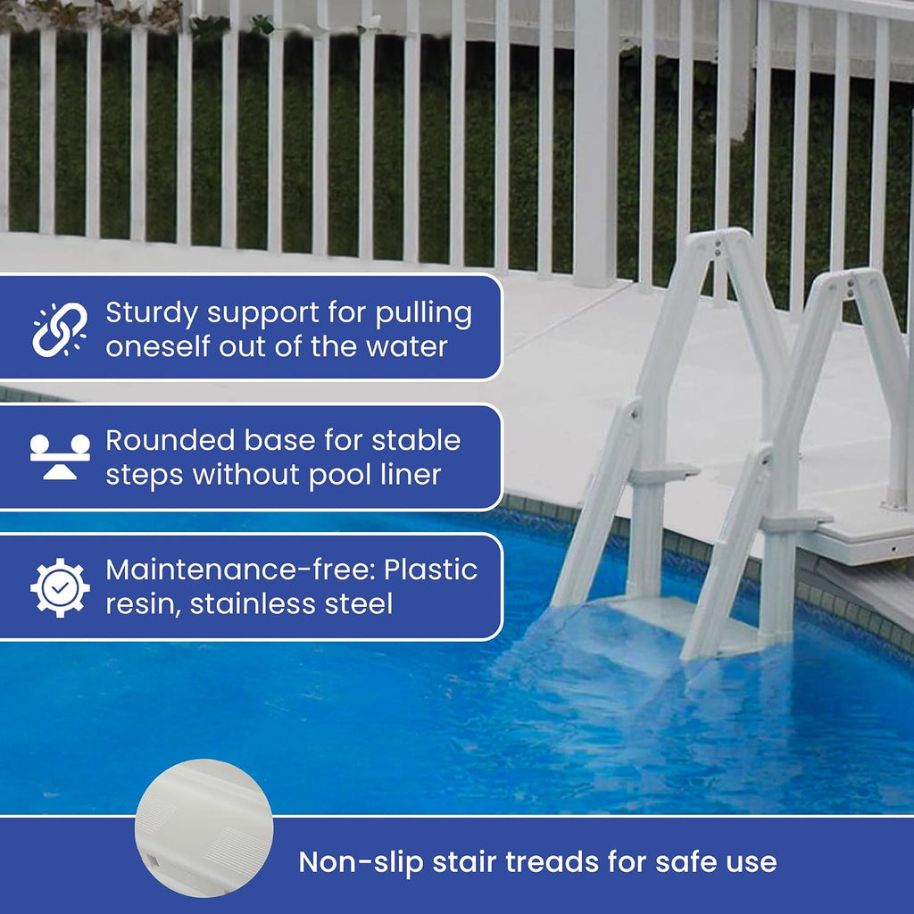 Vinyl Works 24 Inch in Pool Step Ladder, Adjustable Stair Entry System with Handrails and Non-Slip Surface for Above Ground Swimming Pools, White