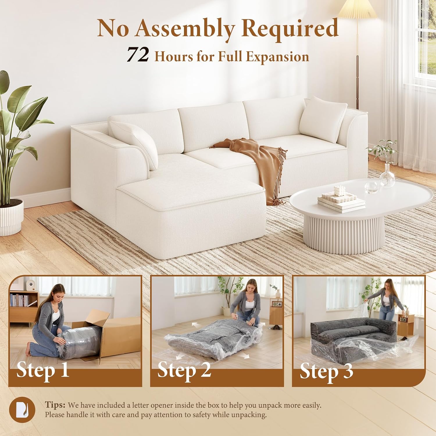 Vesgantti 106' Cloud Couch Sectional Modular Sofa, Deep Seat Comfy Cloud Couch Chenille Memory Foam Sofa Modular Couches for Living Room Bedroom, No Assembly Required (Beige, Left-Facing Chaise)