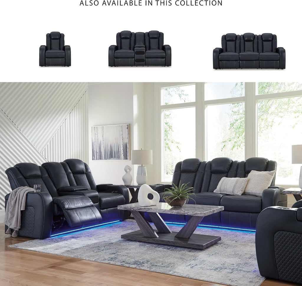 Signature Design by Ashley Fyne-Dyme Power Reclining Sofa with USB Ports and Adjustable Headrest, Drop Down Table, Faux Leather, 21' Seat Height, Blue