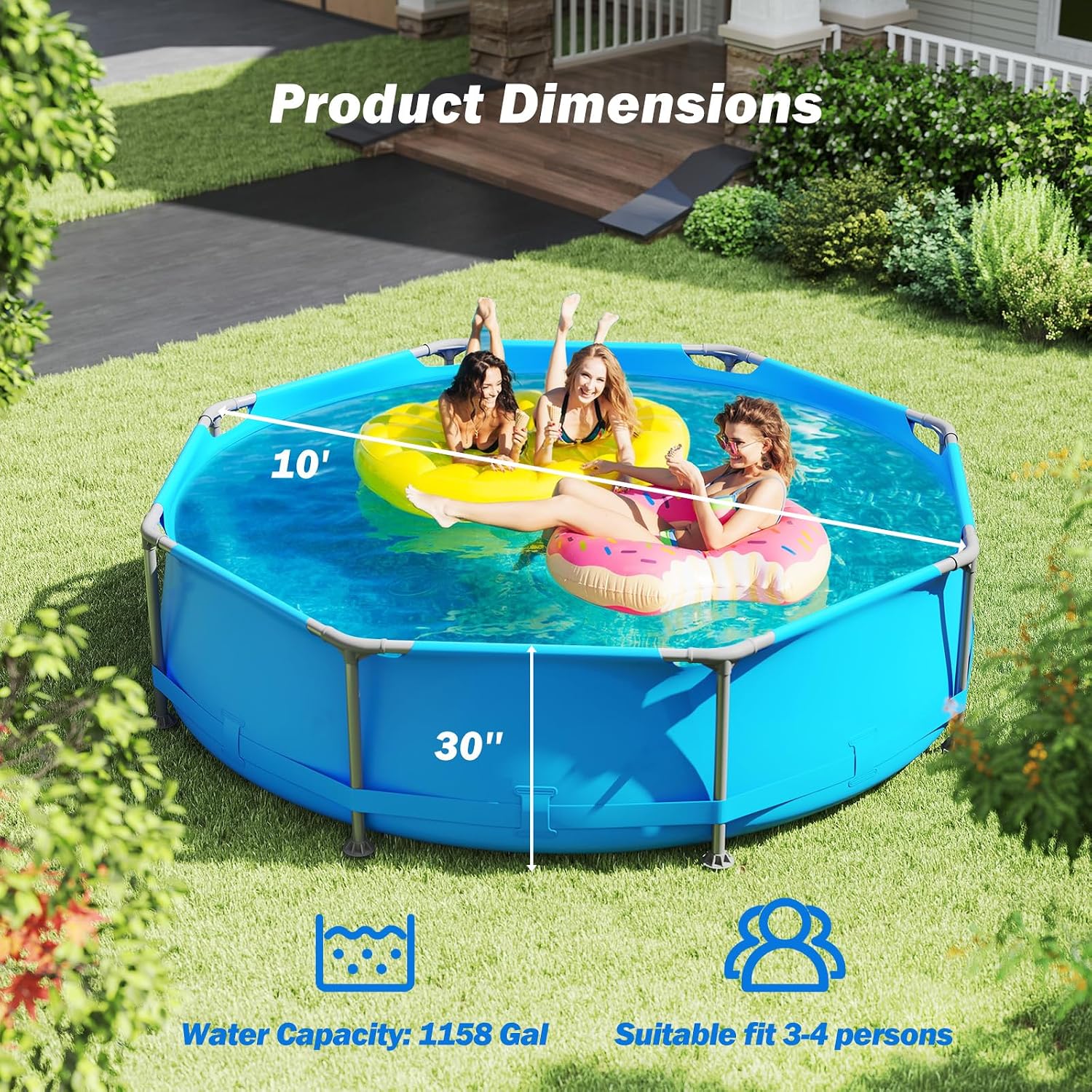 Moccha 10'x10' Round Above Ground Pool, Metal Frame Family Pool Set w/PVC Fabric, 3 Stoppers, Drainage Valve Connector, Outdoor Backyard Swimming Pool (10' Round, 1158 Gal, Blue)