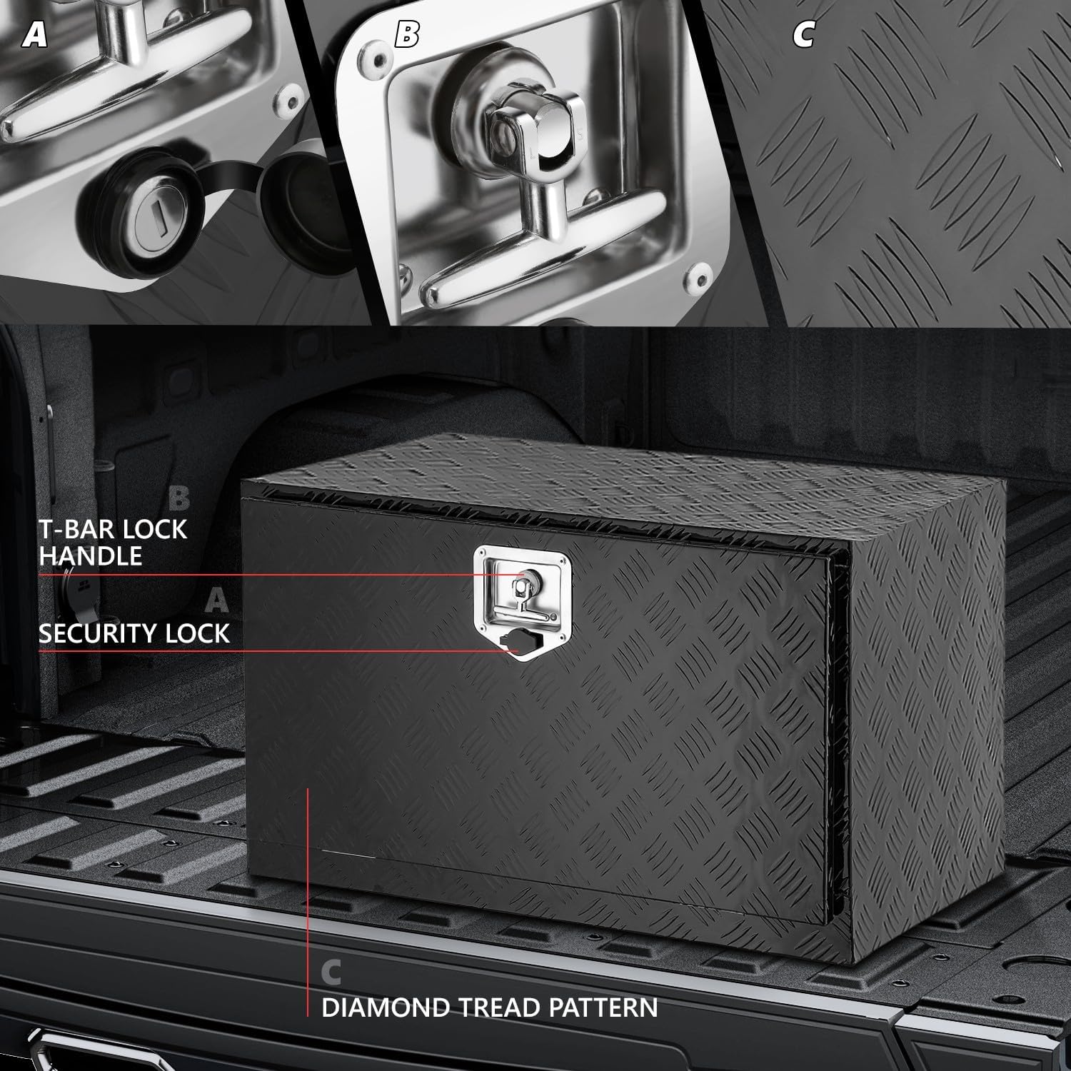 DNA MOTORING Truck Tool Box Lockable Storage Box, Truck Bed Tool Box Trailer Tongue Box Aluminum Truck Tool Box for Bed of Truck, with Lock & Keys, 30' W X 18' H X 17.3' D, Black,TBOX-T5-014-BK