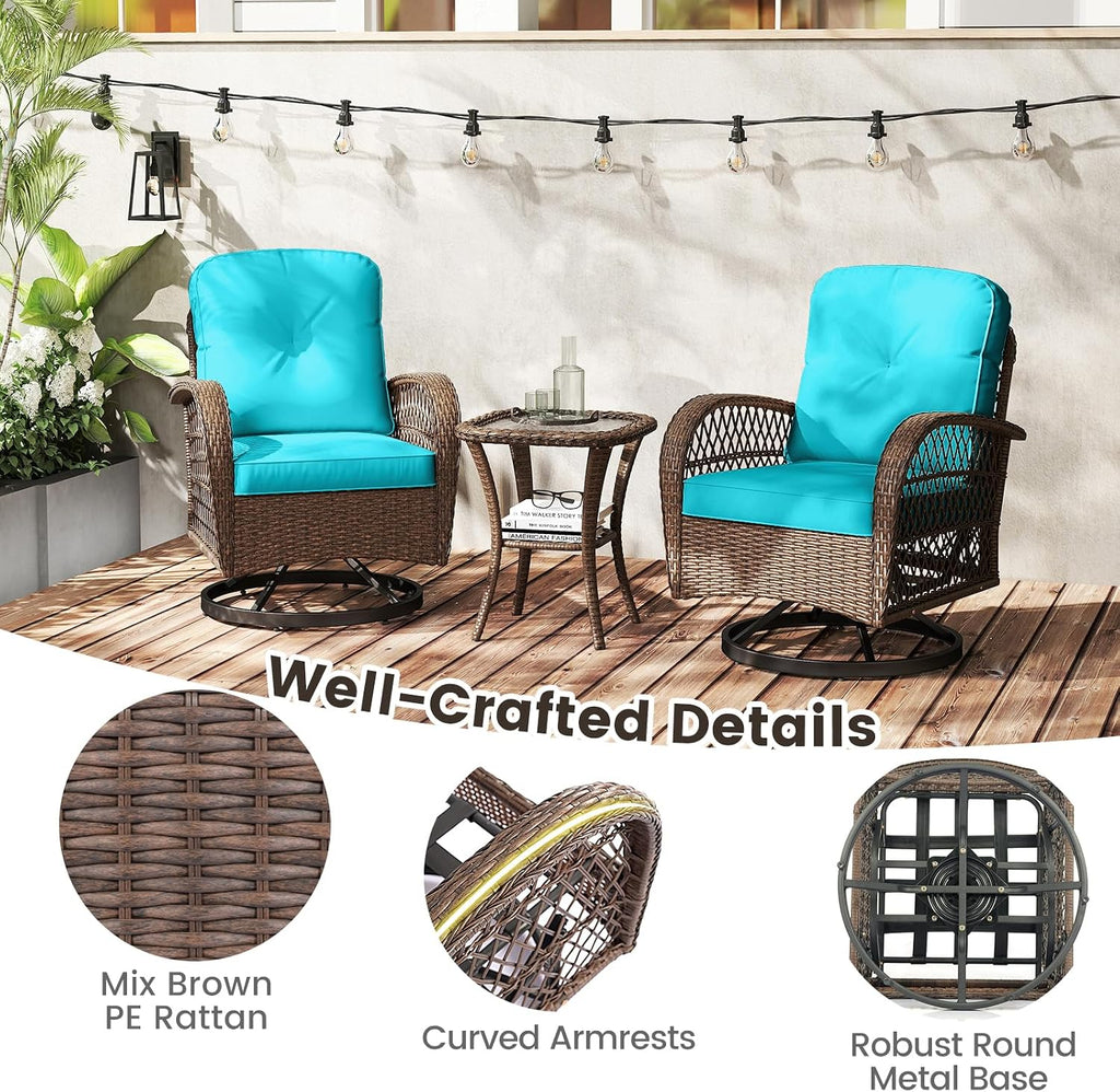 ORALNER 3 Pieces Wicker 360° Swivel Rocker Set Patio Furniture, Rocking Chairs with Cushions, Tempered Glass Coffee Table, Outdoor Rattan Bistro Set for Balcony Front Porch Deck Poolside (Turquoise)