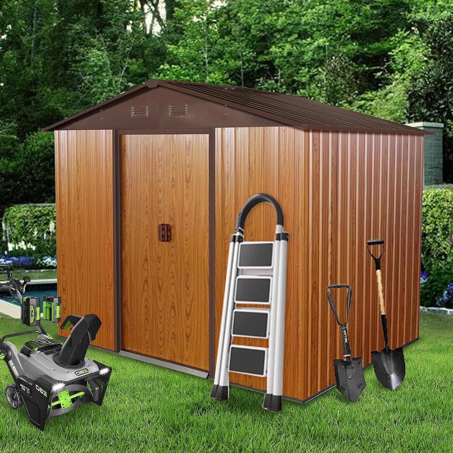 JT 7.5x5.5FT Outdoor Storage Shed with Floor Frame, Metal Garden Shed with Sliding Doors, Waterproof Galvanized Steel Storage House for Backyard Garden, Patio (7.5 x 5.5 FT, Coffee)