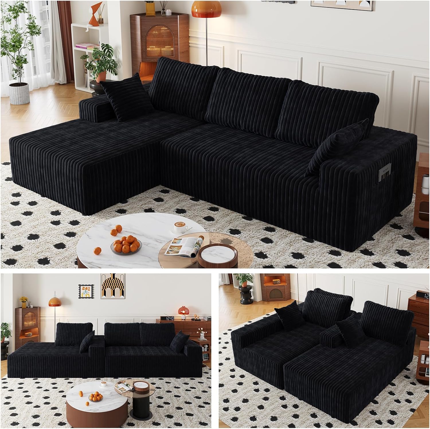 108' Modular Sectional Cloud Couch for Living Room Deep Seat L Shapes Boneless Couch with Oversized Chaise Lounge, Comfy Memory Foam Flannel Fabric Sofa for Bedroom Apartment, No Assembly Required