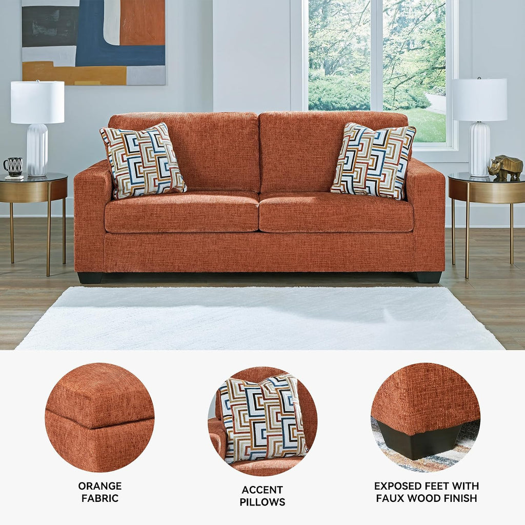 Signature Design by Ashley Aviemore Contemporary Sofa Sleeper with Folding Memory Foam Mattress and 2 Accent Pillows, Queen, Orange