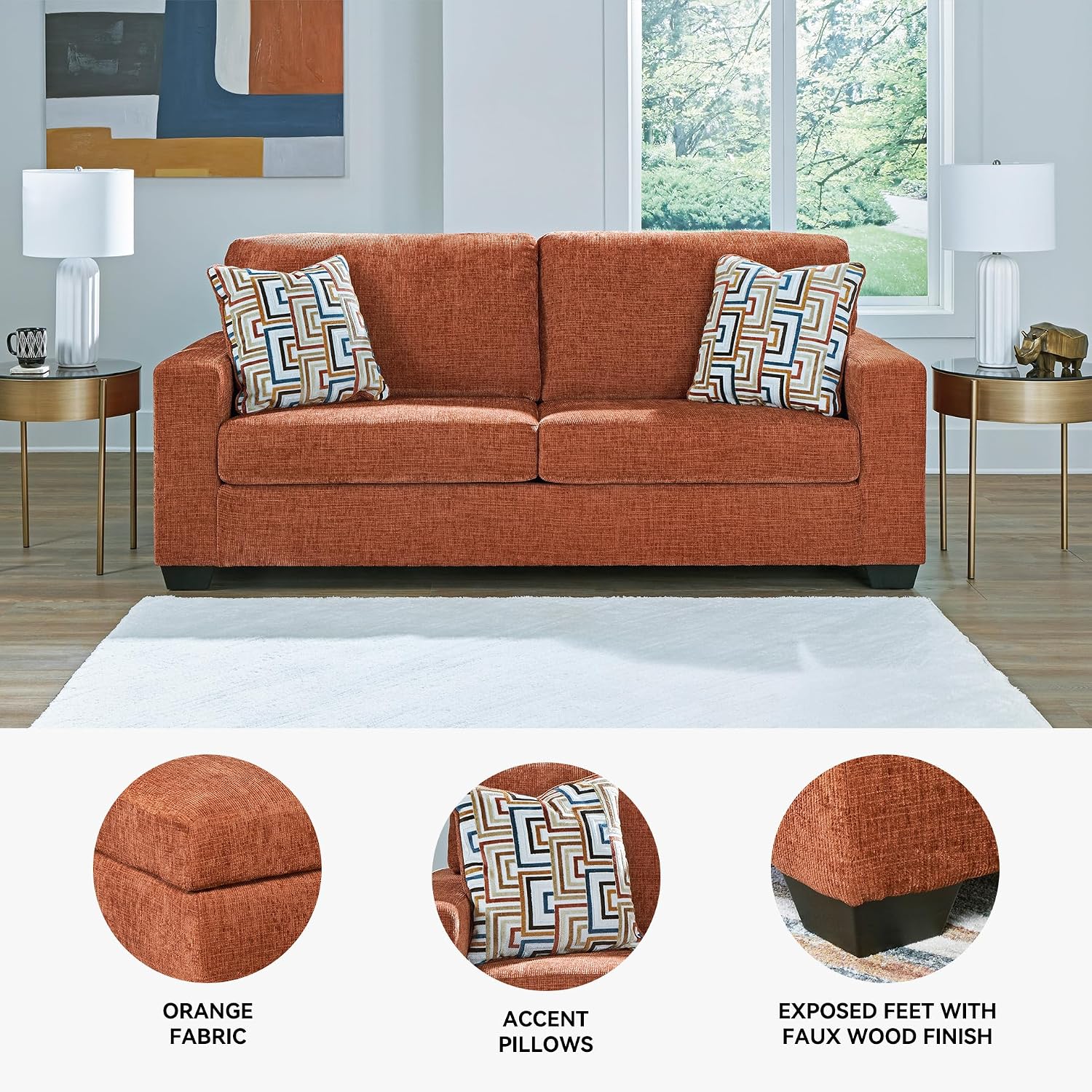 Signature Design by Ashley Aviemore Contemporary Sofa Sleeper with Folding Memory Foam Mattress and 2 Accent Pillows, Queen, Orange