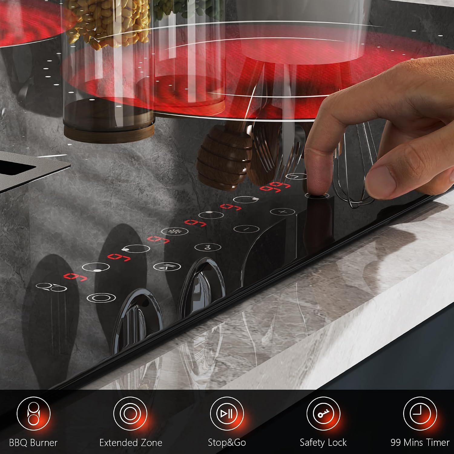 Hobsir 36 Inch Electric Cooktop with Downdraft Extractor, 4 Burners Glass Radiant Stovetop 7400W, 9 Power Levels, Cook top with BBQ, Timer, Pause, Safety Lock, 240V(No Exhaust Pipe Required)