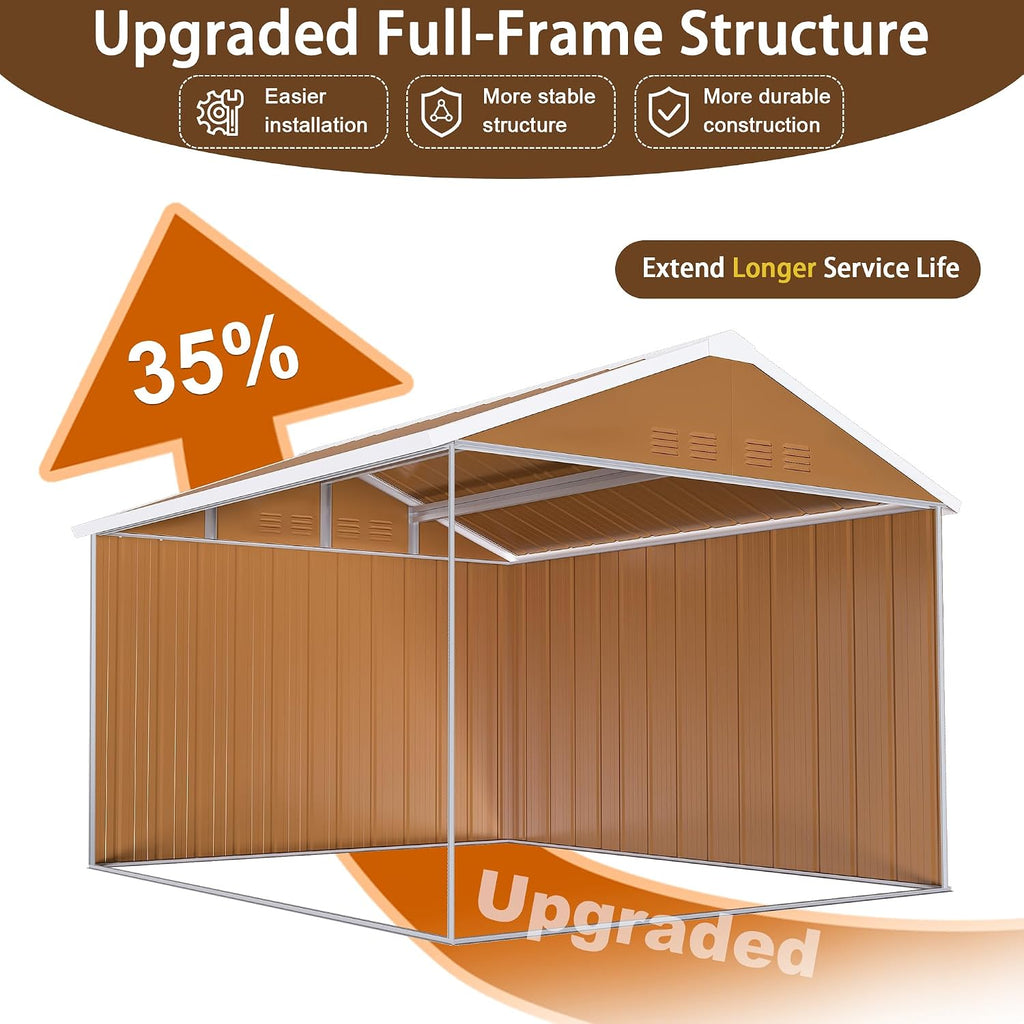 10x8 FT Outdoor Steel Storage Shed with Clear Windows, Sliding Lockable Door & Ventilation, Brown and White Weather-Resistant Metal Tool Shed for Garden, Backyard, Lawn, and Utility Storage