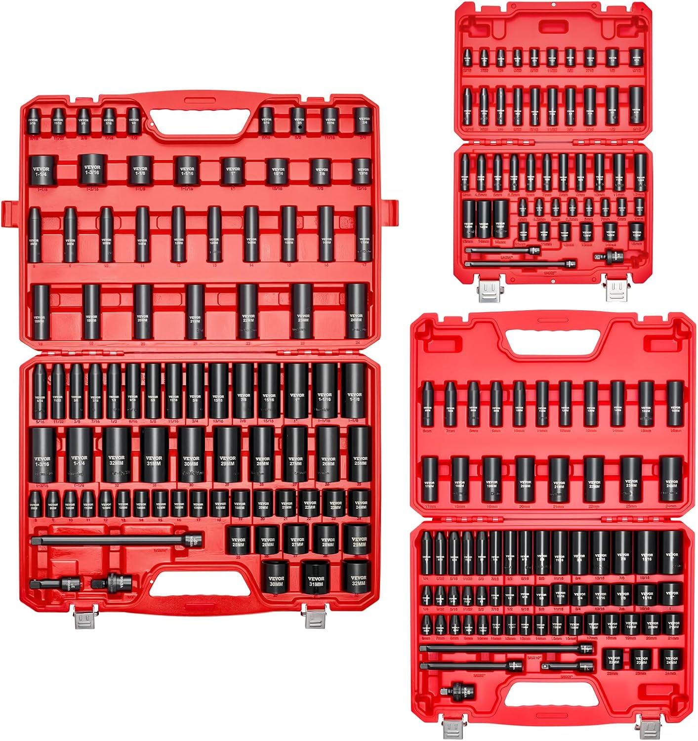 VEVOR 1/4 & 3/8 & 1/2 Inch Drive Impact Socket Set, 210-Piece Metric and Standard Full Sockets, Deep & Shallow, CR-V, 6 Point, Extension Bars, Universal Joint, Three Carrying Cases