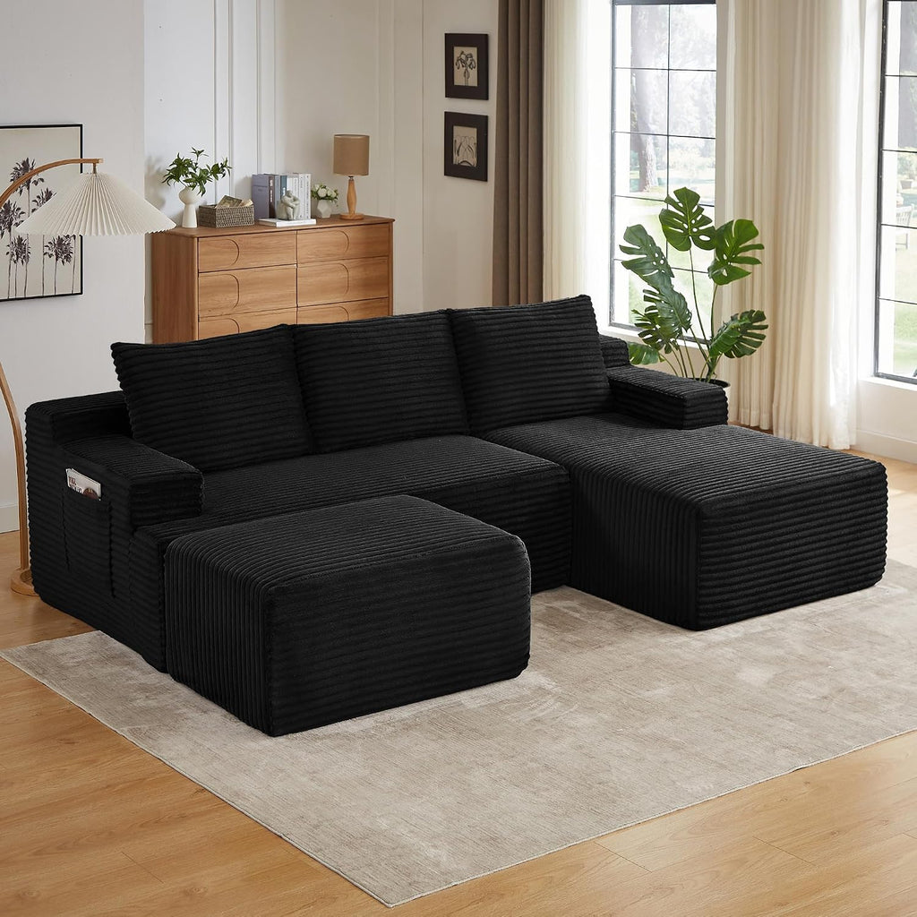 96' Sectional Couches for Living Room Cloud Couch Sofa with L-Shape Upholstered Boneless Couchs Modern Modular Sectional Couch with Chaise (Black, 96' W+Right Facing Chaise+2Seaters+Ottoman)