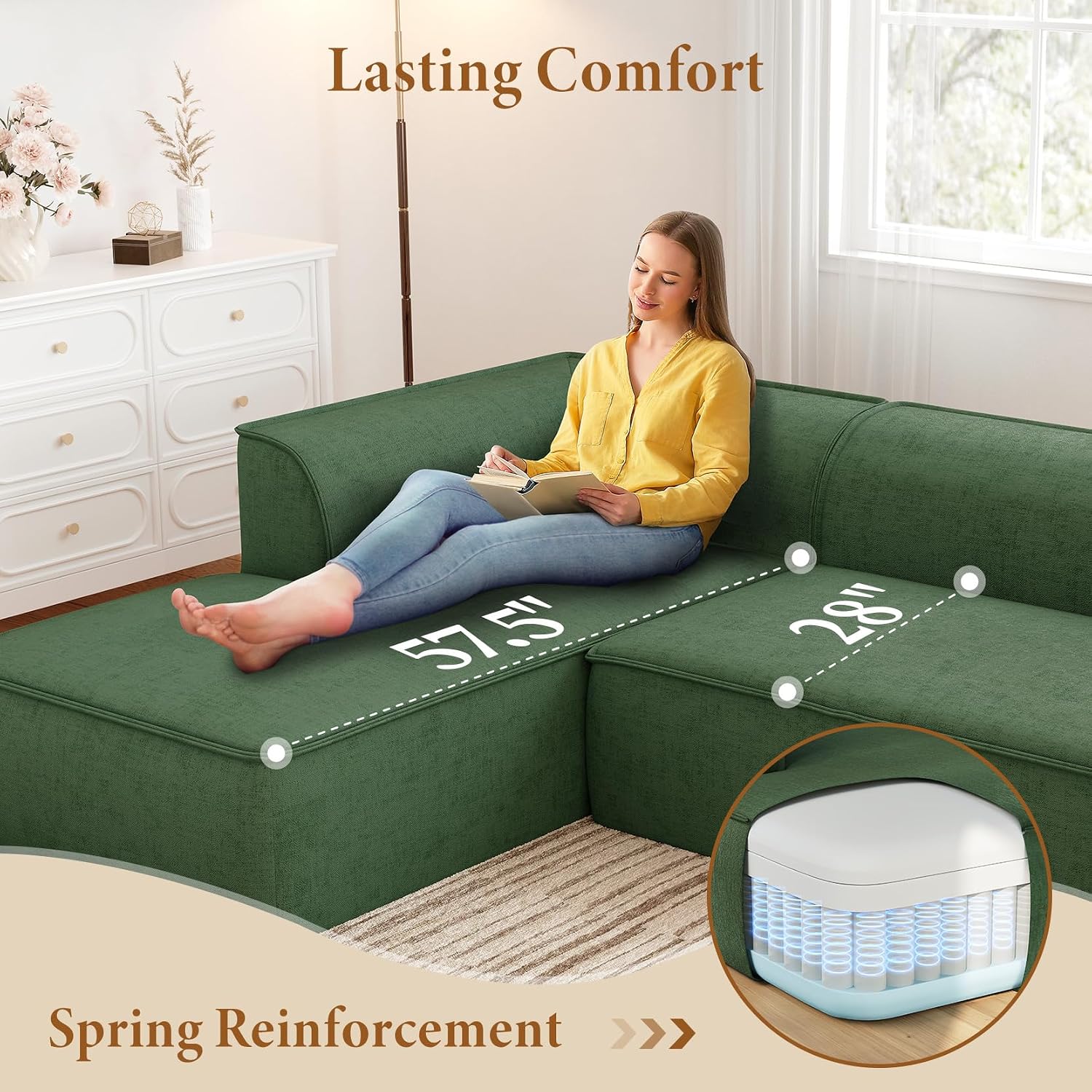 Vesgantti 106' Cloud Couch Sectional Modular Sofa, Deep Seat Comfy Cloud Couch Chenille Memory Foam Sofa Modular Couches for Living Room Bedroom, No Assembly Required (Green, Left-Facing Chaise)