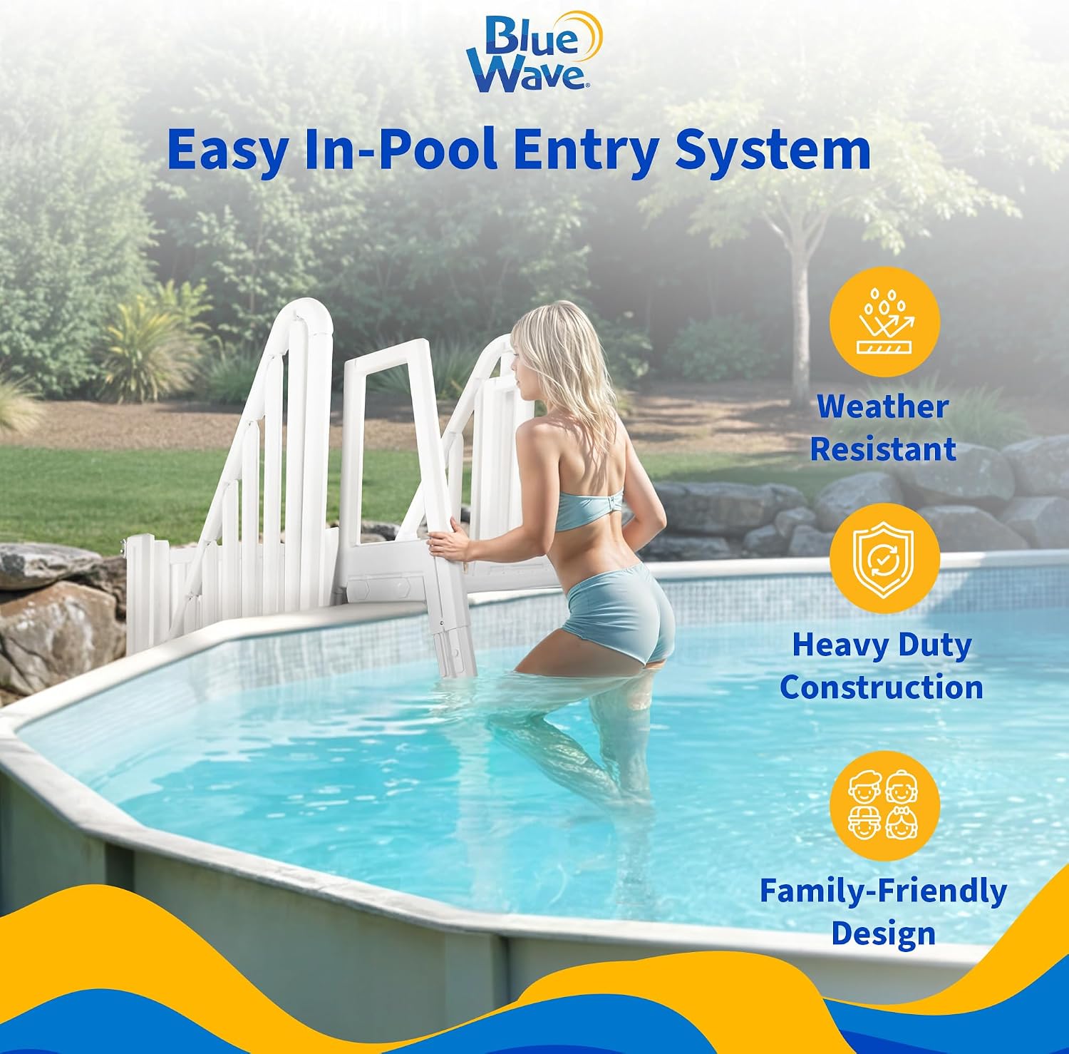 Blue Wave Easy Pool Entry System for 48 to 54-in Deep Above Ground Pools – Secure Pool Steps & Ladder Set w/Lockable Gate, Rust-Resistant Vinyl, Handrails, Anti-Entrapment Barrier – 350-lbs Cap.