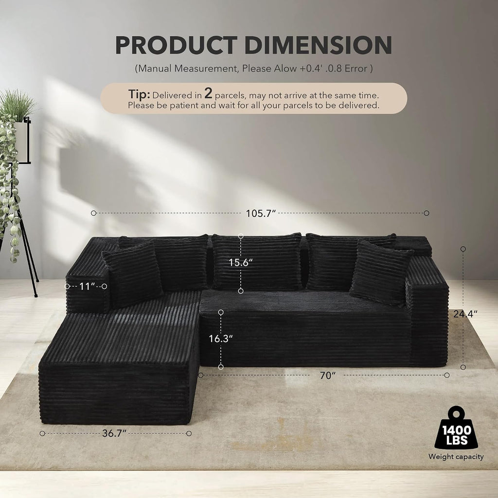 Modular Sectional Sofa Cloud Sectional Couch, 106' Comfy L Shaped Black Couches for Living Room,Oversized Sofa Sleeper with Deep Seat, No Assembly Required