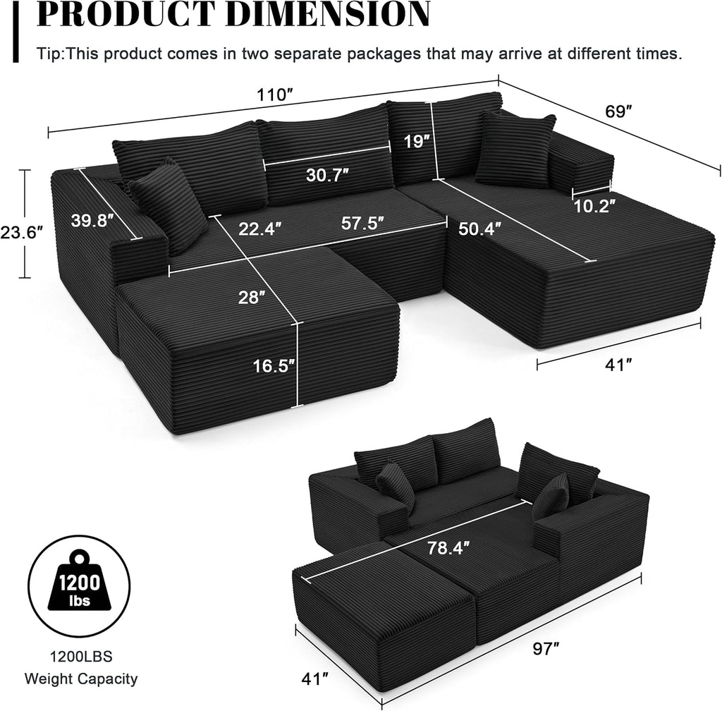 Mangodan 110' Cloud Sectional Couch, Boneless Sofa for Living Room, Modular Sectional Sofa with Deep Seat, Comfy Fluffy U-Shaped Couch with Right-Facing Chaise, No Assembly Required, Black