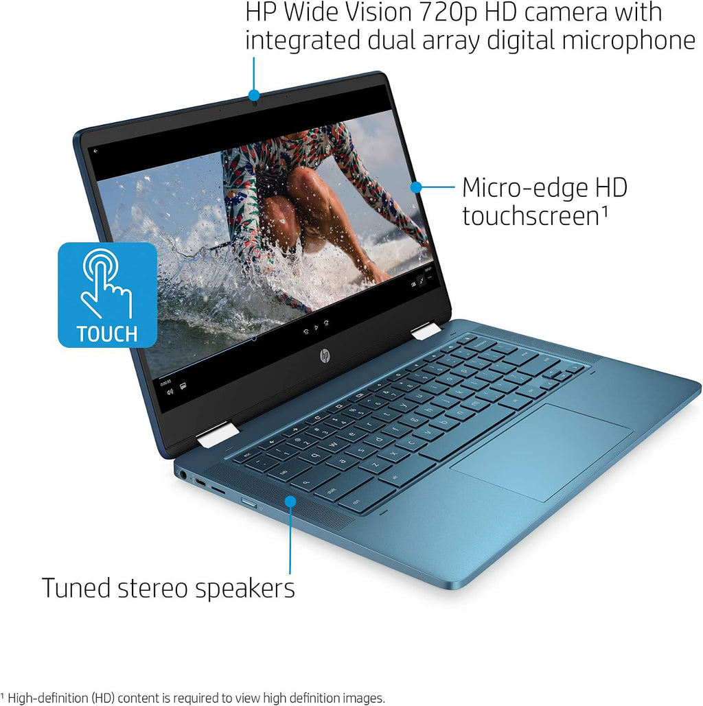HP Laptop X360 14a Chromebook 14' HD Touchscreen, Entertaining from Any Angle Intel Celeron, 4GB DDR4 64GB eMMC WiFi Webcam Stereo Speakers Bluetooth 4.2 Chrome Blue Metallic Color