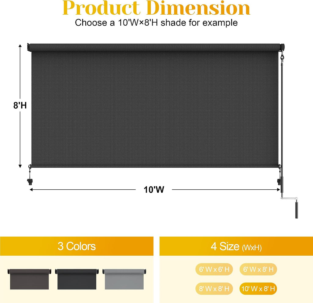 Outdoor Roller Shade (6'W X 6'H) 420GSM New Material with 95% UV Protection, Cordless Aluminum Patio Shade with Crank Handle, Outdoor Patio Blinds for Shading, Privacy Protection, Black