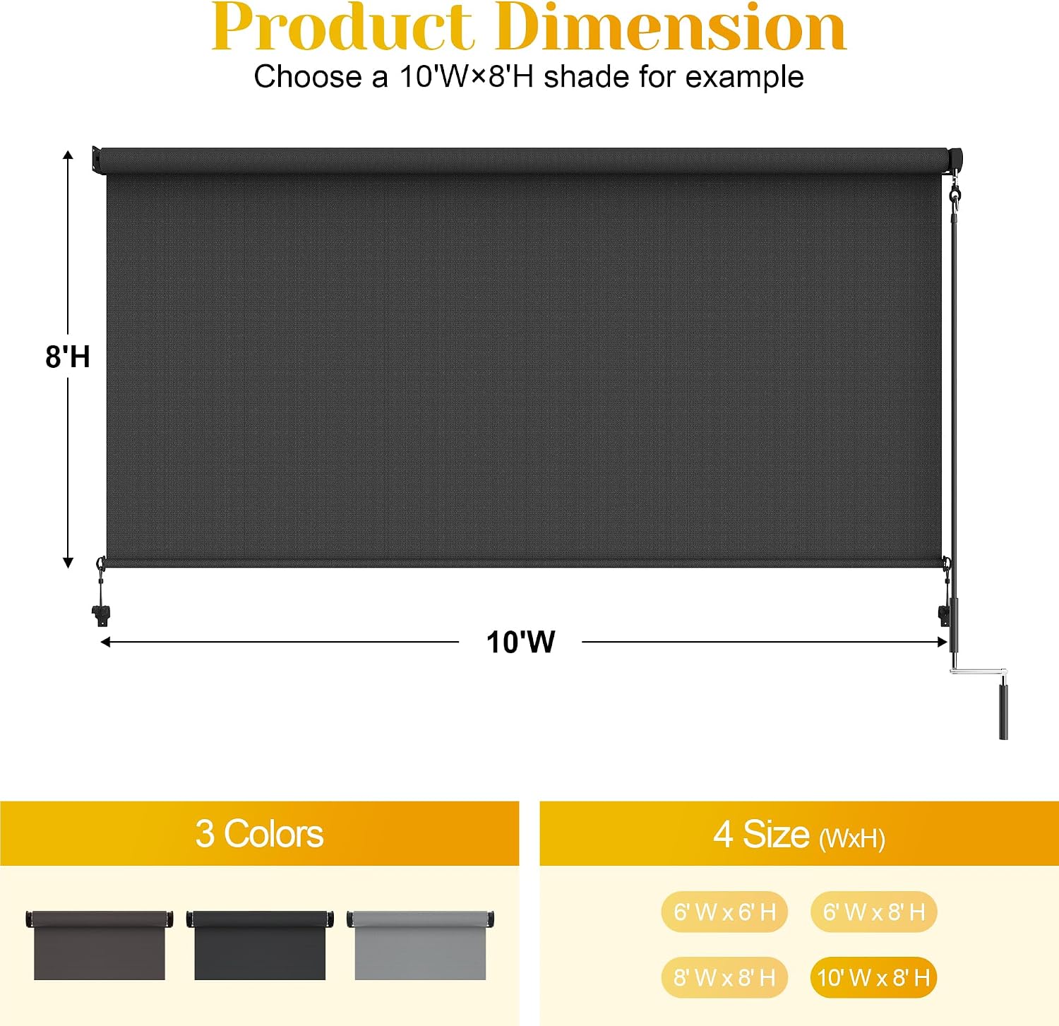 Outdoor Roller Shade (6'W X 6'H) 420GSM New Material with 95% UV Protection, Cordless Aluminum Patio Shade with Crank Handle, Outdoor Patio Blinds for Shading, Privacy Protection, Black