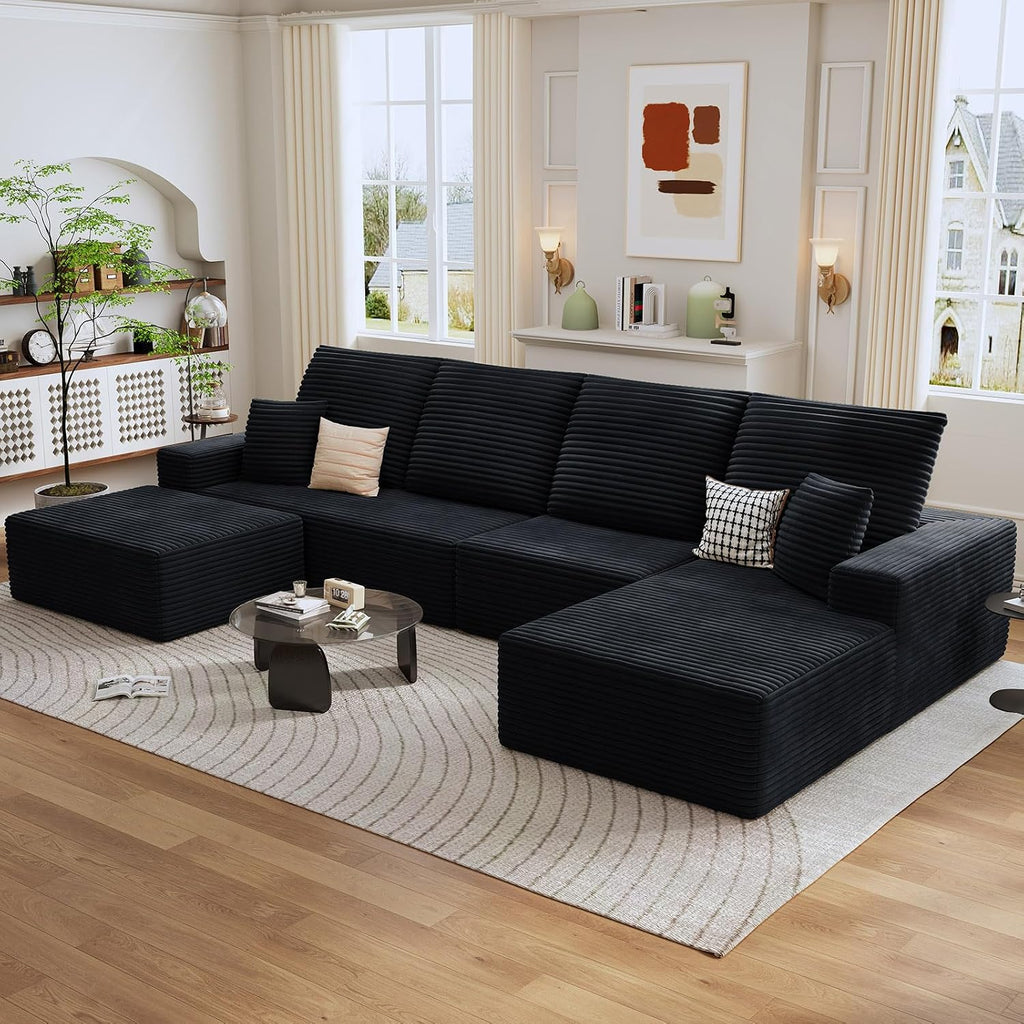 135' Cloud Sectional Couch with U-Shaped Chaise, Corduroy Sectional Sofa with Ottoman, Boneless Couch with Deep Seat in a Box for Living Room, No Assembly Required (Black, Right Facing Chaise)