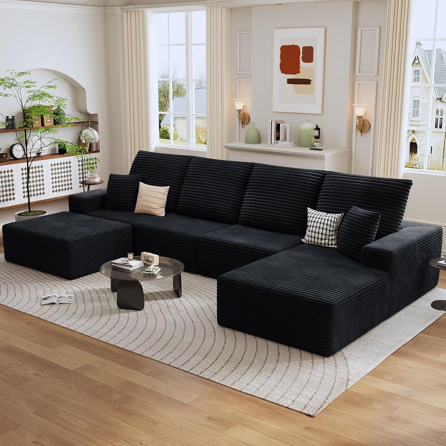 135' Cloud Sectional Couch with U-Shaped Chaise, Corduroy Sectional Sofa with Ottoman, Boneless Couch with Deep Seat in a Box for Living Room, No Assembly Required (Black, Right Facing Chaise)