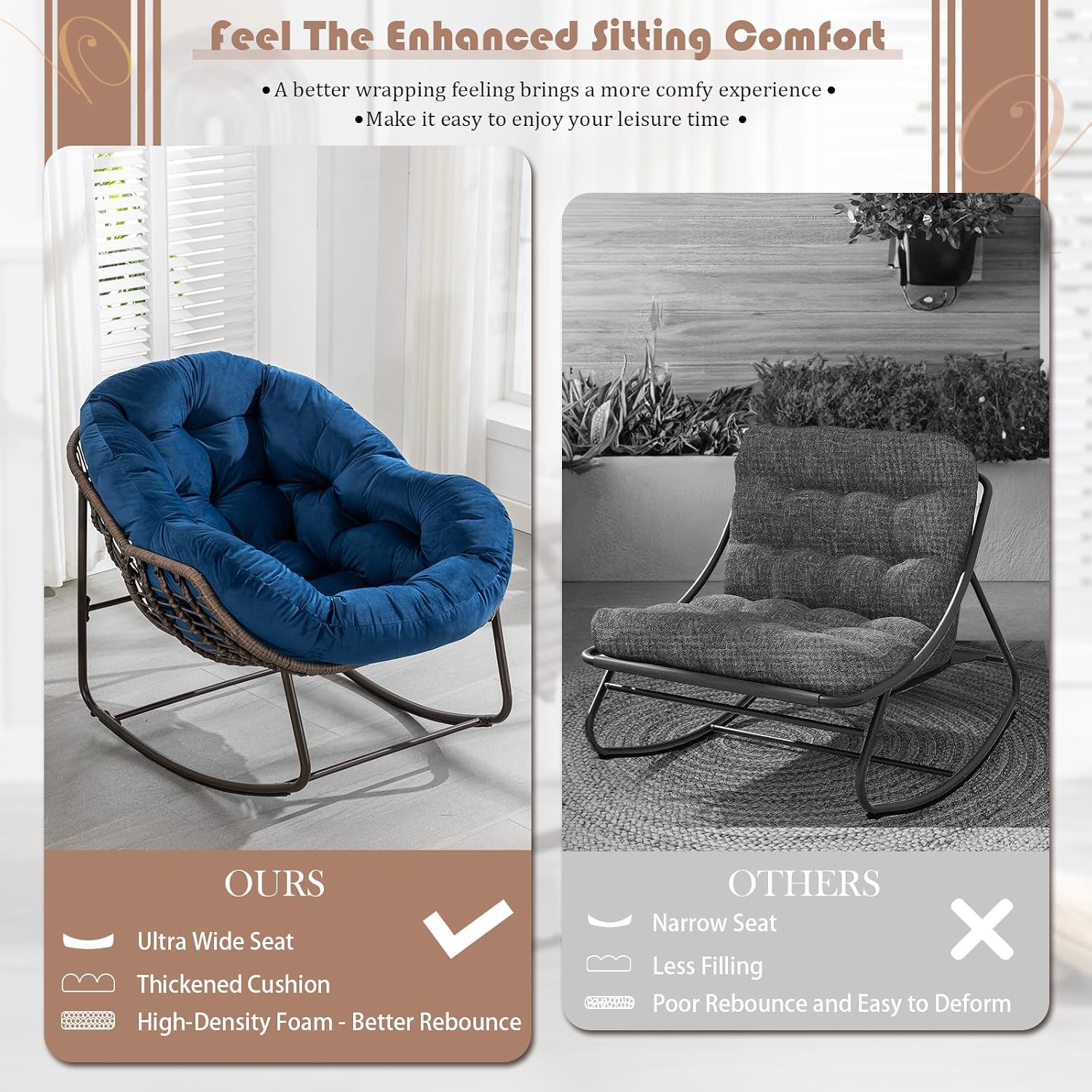 Patio Outdoor Rocking Chair Set of 2, Indoor Rattan Rocker Egg Chair, Comfy Oversized Papasan Chair with Thicker Cushion for Patio, Front Porch, Backyard, Garden, Balcony, Lounge, Living Room, Navy