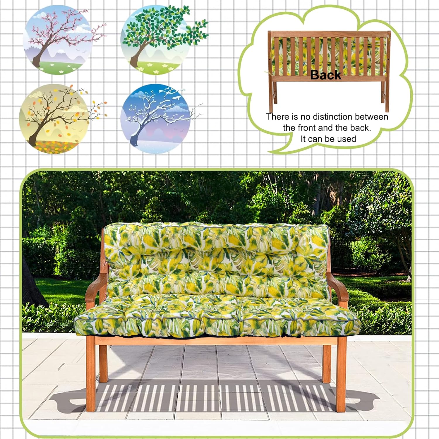 Waterproof Porch Swing Cushion Replacement, 2–3 Seat Swing Seat Cushion with Backrest & Ties, Thick Outdoor Bench Cushion for Patio Garden Porch (Botanical Yellow, 40 x 63 in)