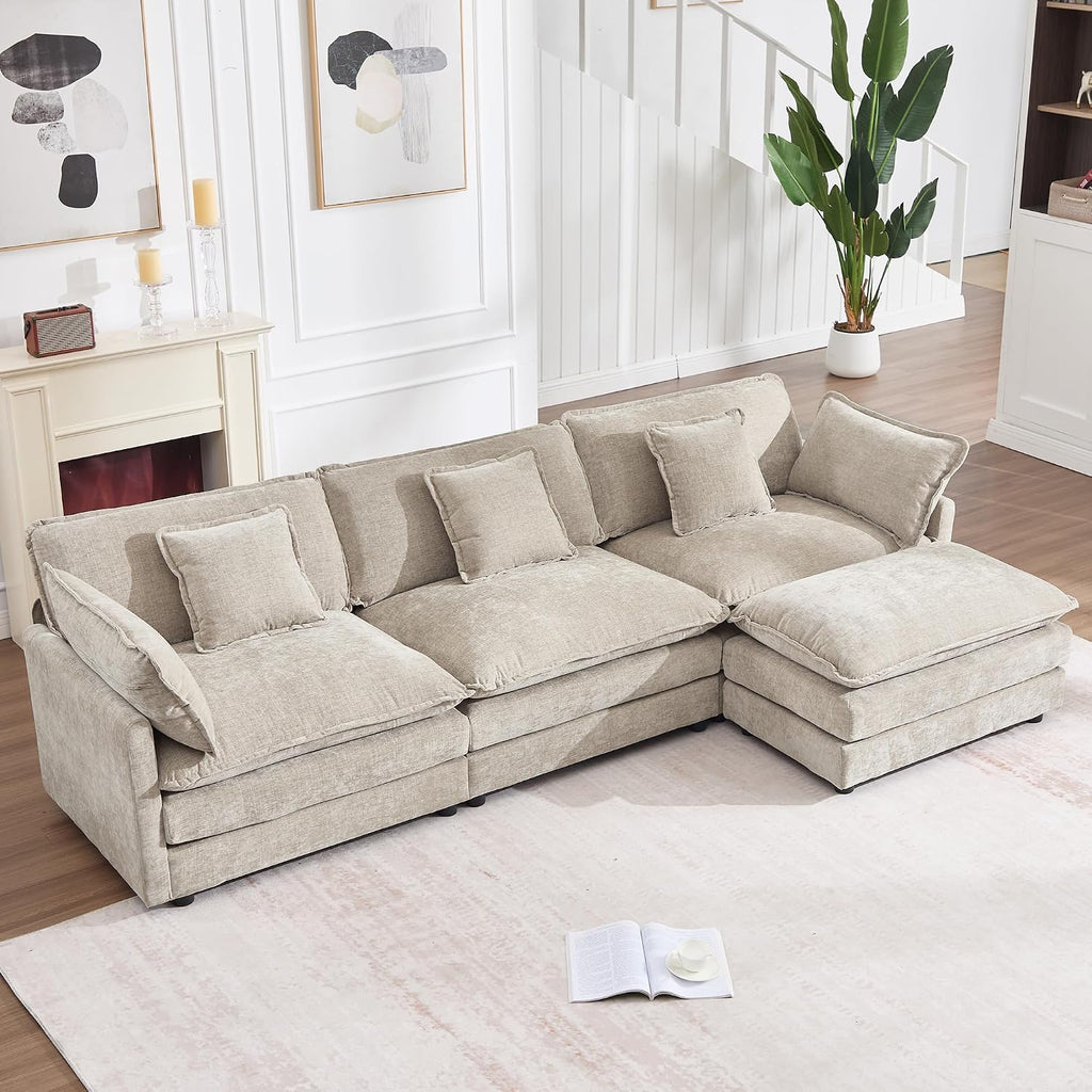 GNIXUU 111.5' Chenille Cloud Couch with Movable Ottoman, Comfy Modular Sectional Sofa, Deep Seat, L Shaped Sectional Couches for Living Room, Apartment, Office(Camel)