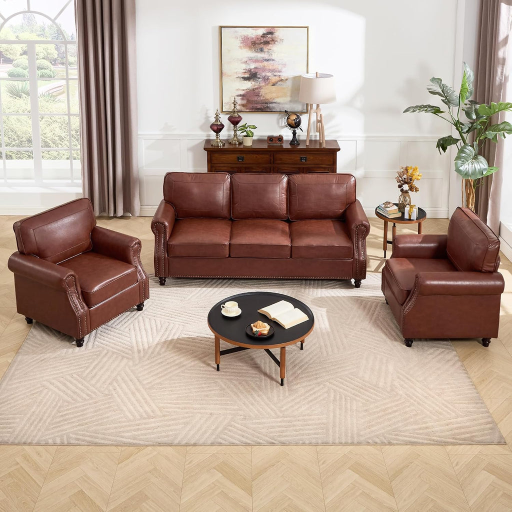 Kingfun 3 Seater Sofa, Mid-Century Modern Faux Leather Couch Set for Living Room, Darkcoffee with Rolled Arms & Nailhead Trim, Easy Assembly